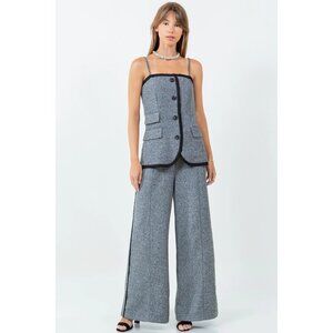 SET 2PC -Herringbone Fray Hemmed Detachable Straps Top - Grey/Black S-L